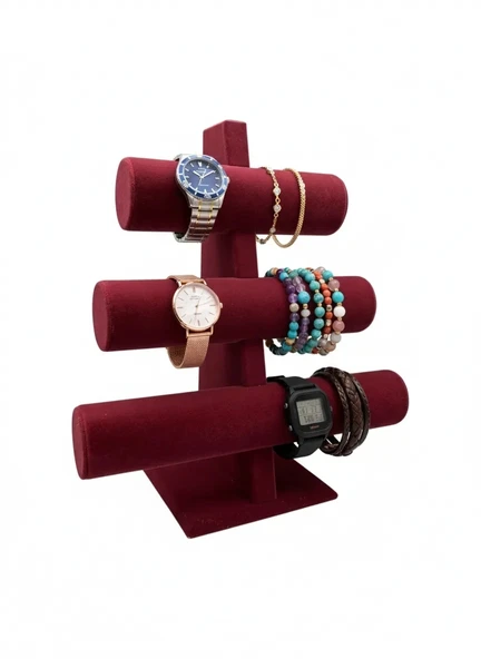 Üç Kademeli Süet Kumaş Bordo Renk 31/28 Cm Bileklik-saat Sergileme Standı ürün görseli 1