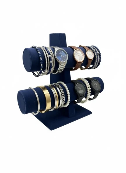 İki Kademeli Süet Kaplama Lacivert Renk 26/18 cm Saat Bileklik Sergileme Standı ürün görseli 1