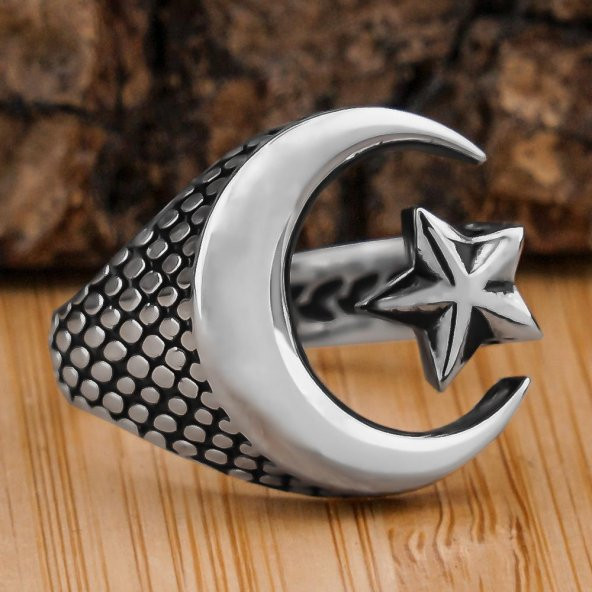 Ay Yıldız Tasarımlı Ayarlanabilir 925 Ayar Gümüş Yüzük ürün görseli 1