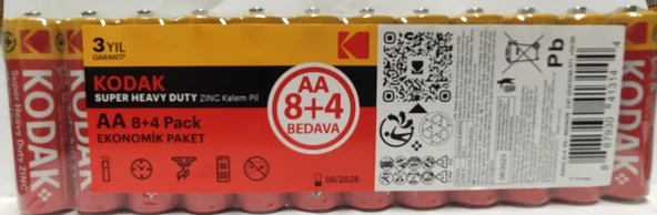 KODAK SUPER HEAVY DUTY ZİNC KALEM PİL 8+4 LÜ EKO PK. AA 1,5V  KALEM PİL ürün görseli 1
