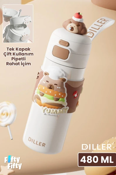 DILLER 480 ML Tek Kapak Çift Kullanım Pipetli/Pipetsiz Taşıma El Askılı Vacum Cup/Çelik Termos -FFD9351-480 ürün görseli 1