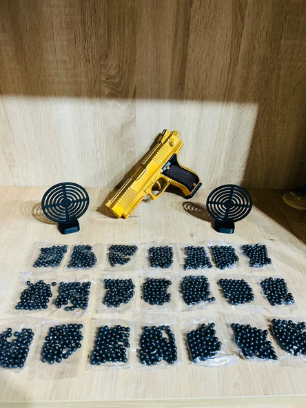 Gold  Renk Boncuklu Oyuncak Tabanca 1 Adet + 2 adet hedef 9 cm Siyah +  21 Paket Boncuk ürün görseli 1