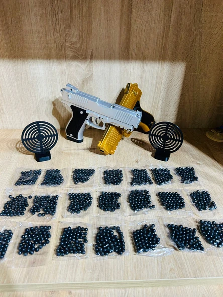 Boncuklu  Altın ve Gümüş Renk Boncuk Atan Silah 2 Adet + 2 Adet 9 cm Hedef +  21 Paket Boncuk ürün görseli 1