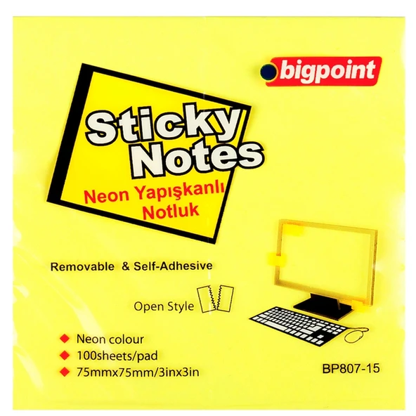 Bigpoint Yapışkanlı Not Kağıdı 75x75 Neon Sarı BP807-15-12-PKT ürün görseli 1
