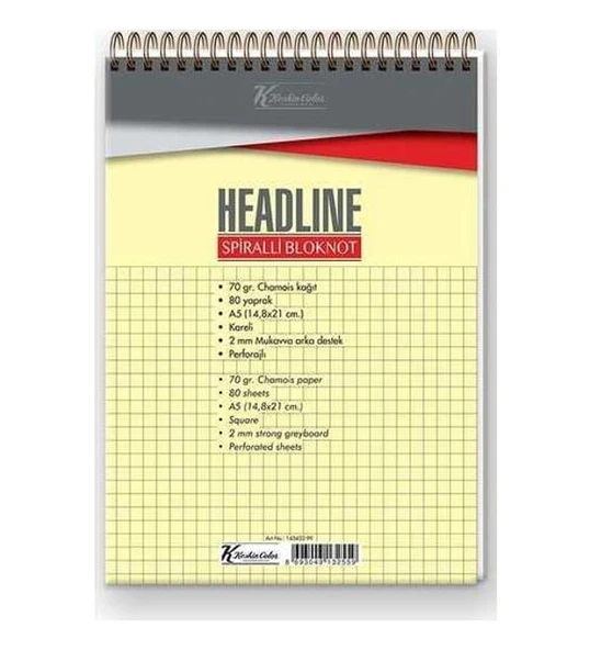 Keskin Color Bloknot Spiralli Headline Karton Kapak A5 80 YP Kareli 145432-99 ürün görseli 1