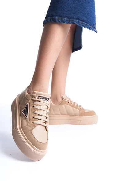 PRAG Bağcıklı Ortopedik Taban Desenli Kadın Sneaker Spor Ayakkabı CTT - Ten ürün görseli 1