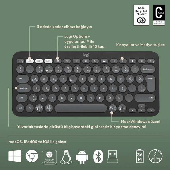 LOGITECH PEBBLE TÜRKÇE Q KLAVYE VE MOUSE 920-012245 - Resim 2