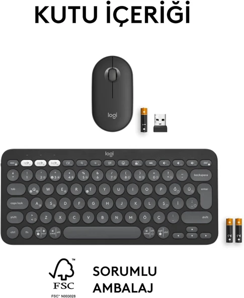 LOGITECH PEBBLE TÜRKÇE Q KLAVYE VE MOUSE 920-012245 - Resim 4