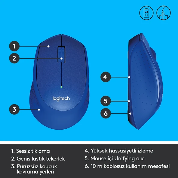 LOGITECH M330 1000DPI MAVİ MOUSE 910-004910 - Resim 6
