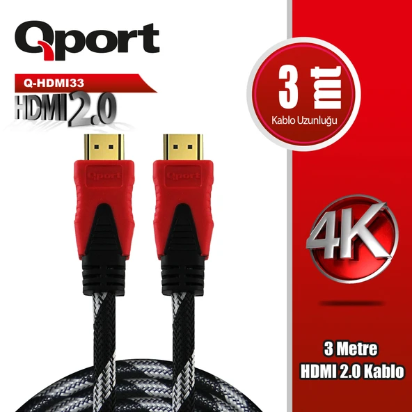 QPORT Q-HDMI33 3 METRE 2.0V 4K  ALTIN UÇLU ÖRGÜLÜ KABLO ürün görseli 1