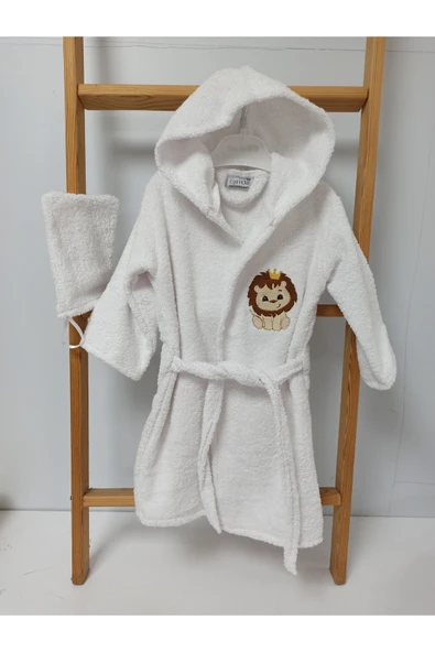 Ege Home Aslan nakışlı bebek bornoz - kese seti beyaz ürün görseli 1