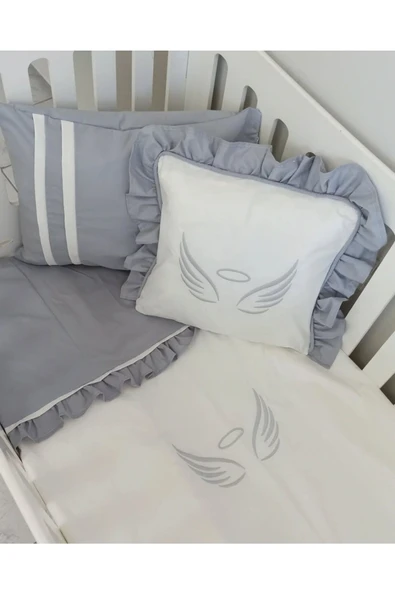 Ege Home Deluxe bebek nevresim takımı melek kanadı nakışlı 4 parça gri ürün görseli 1