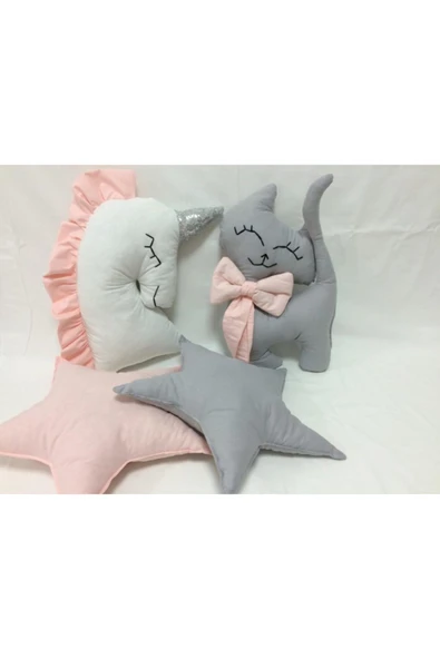 Pembe Gri Beyaz 4'lü Dekoratif Yastık Seti Unicorn Kedi Yıldız ürün görseli 1
