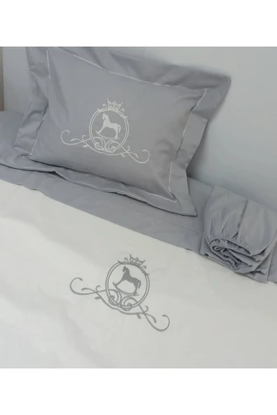 Ege Home Deluxe bebek nevresim takımı %100 pamuklu gri sallanan at nakışlı ürün görseli 1