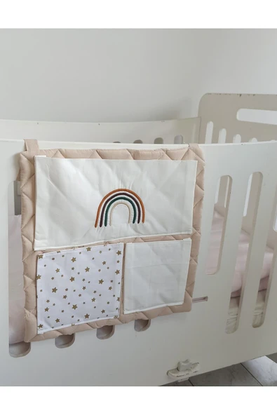 cepli bebek beşik organizer düzenleyici bej gökkuşağı nakışlı ürün görseli 1