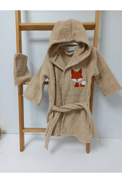 Ege Home tilki nakışlı bebek bornoz - kese seti bej ürün görseli 1