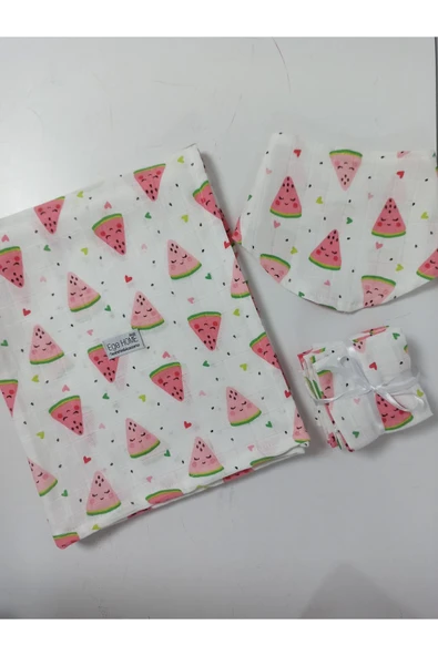 Ege Home müslin örtü & battaniye, önlük , 6lı müslin mendil seti karpuz desen ürün görseli 1