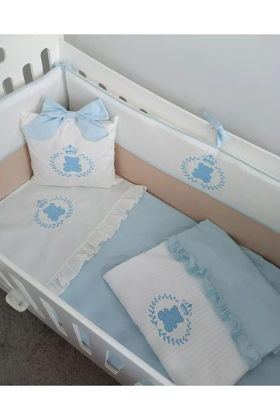 Ege Home Deluxe 4 parça ayıcık nakışlı fırfırlı bebek nevresim takımı mavi ürün görseli 1
