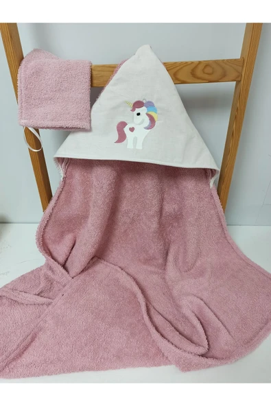 unicorn nakışlı bebek banyo havlu kese seti pembe ürün görseli 1