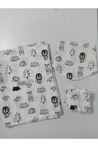 Ege Home müslin örtü& battaniye, önlük ve 6lı mendil seti aslan desen ürün görseli 1