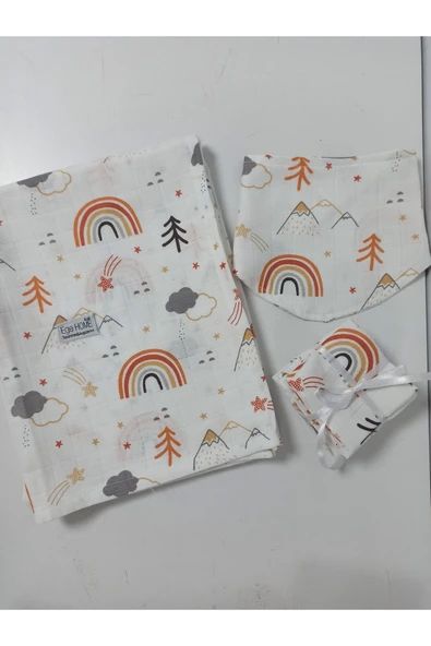 Ege Home muslin örtü &battaniye, önlük ve 6 lı mendil seti tarçın gökkuşağı desen ürün görseli 1