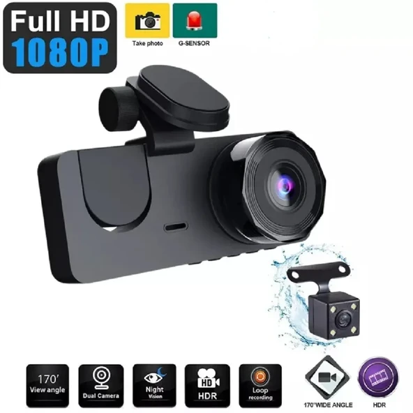 3 Kameralı 2'' Oto, Araç İçi Yol Kayıt Kamerası Wi-Fi G-Sensör FULL HD 1080P ürün görseli 1