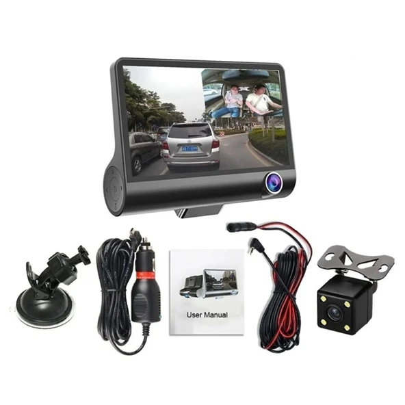 3 Kameralı 4'' Oto, Araç İçi Yol Kayıt Kamerası G-Sensör FULL HD 1080P ürün görseli 1
