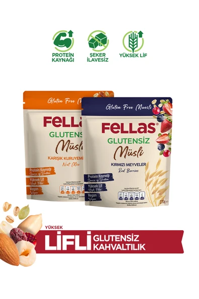 Fellas Glutensiz Müsli 2'li - Karışık Kuruyemişli (270 g) + Kırmızı Meyveli (270 g) ürün görseli 1