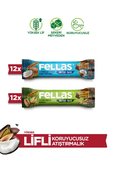 Fellas Meyve Bar (40 g) Süper İkili Kutu - 24 Adet (Hindistan Cevizli x 12 + Antep Fıstıklı x 12) ürün görseli 1