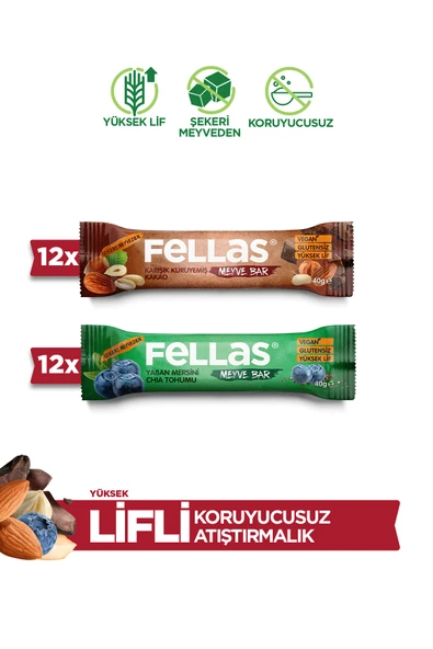 Fellas Meyve Bar (40 g) Süper İkili Kutu - 24 Adet (Karışık Kuruyemişli x 12 + Yaban Mersinli x 12) ürün görseli 1