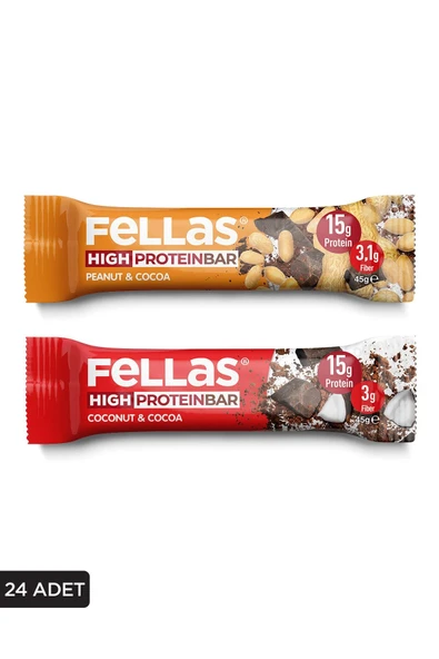Fellas Yüksek Protein Bar (45 g) Süper İkili Kutu - 24 Adet (Yer Fıstıklı x 12 + Hindistan Cevizli x 12) ürün görseli 1