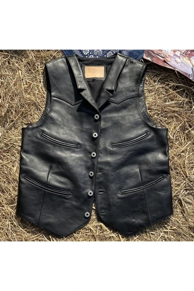 Yakalı metal düğmeli yelek hakiki deri ürün görseli 1