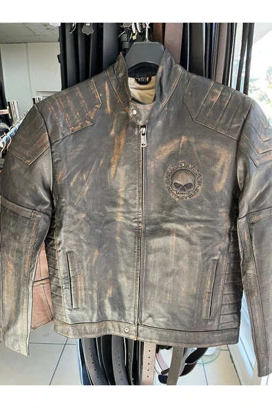 Vintage Tarz Hakiki Deri Motosiklet Montlar, Koyun Derisi, Eskitme Tasarım, Orta Kalınlık ürün görseli 1