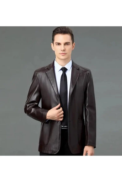 Hakiki deri ince kesit blazer klasik ceket ürün görseli 1