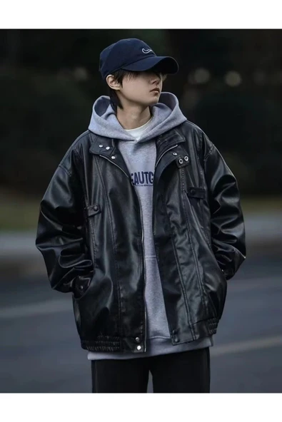 Ultra ovarsize hakiki deri unisex hip hop ceket tarzı mont ürün görseli 1