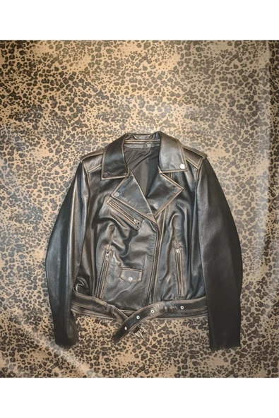 Hakiki deri Kadın ceket slim-fit biker model motorcu tarzı eskitme ürün görseli 1