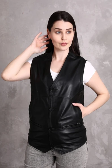 Hakiki Deri Yelek Yandan Cepli Kadın - Resim 2
