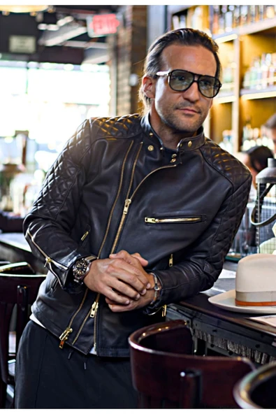 Golden fermuarlı kapitone dikiş detaylı biker mont ürün görseli 1