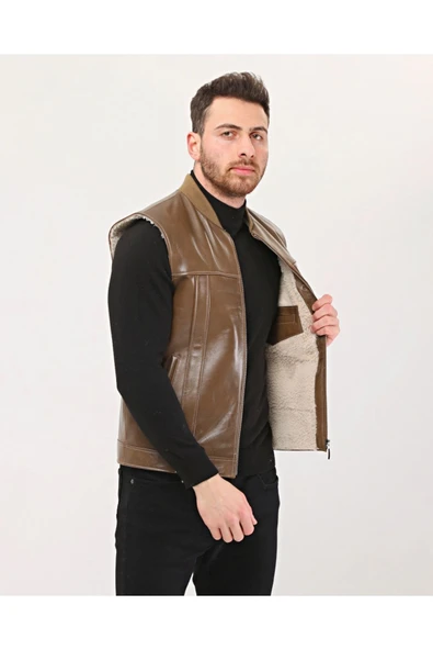 Hakiki Deri Bisiklet Yaka Içi Kürklü Yelek Kahve Renk ürün görseli 1