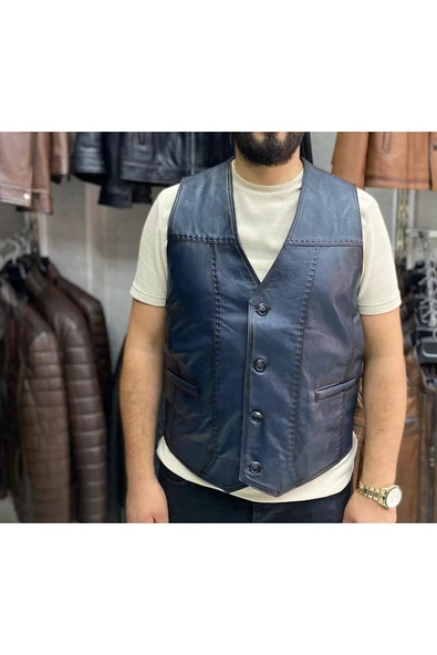 Hakiki Deri Lacivert Renk Yelek Slim Fit Kesim ürün görseli 1