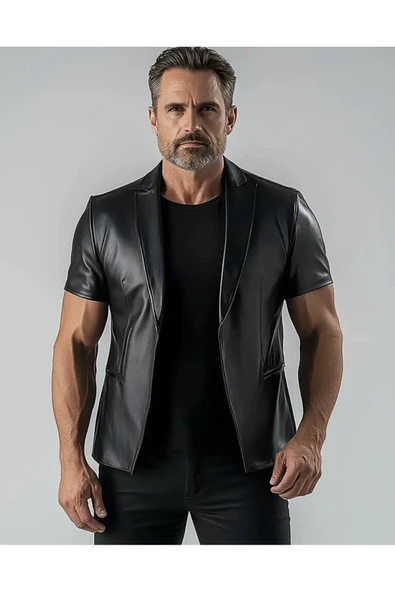 Kısa Kollu Hakiki Deri Blazer Ceket Erkek SlimFit ürün görseli 1