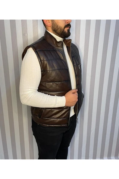 Şişme Hakiki Deri Yelek Karartmalı Kahve Gündelik,Mevsimlik Slim Fit Kesim ürün görseli 1