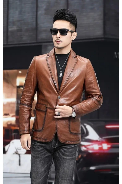 Hakiki deri slim fit erkek ceket - Resim 4