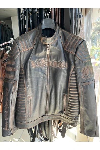 Vintage Tarz Hakiki Deri Motosiklet Montlar, Koyun Derisi, Eskitme Tasarım, Orta Kalınlık ürün görseli 1