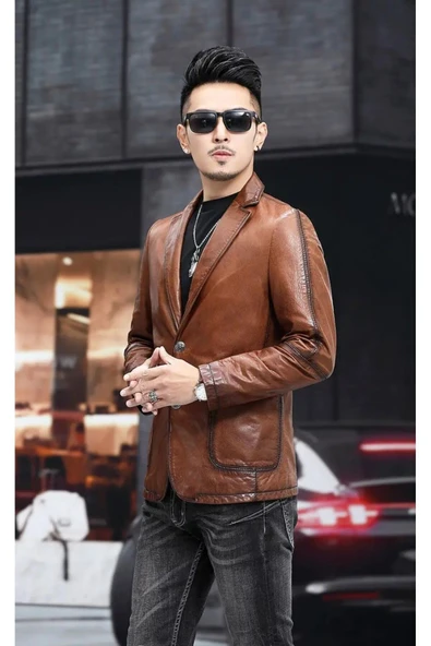 Hakiki deri slim fit erkek ceket - Resim 2