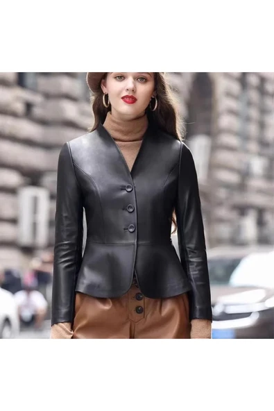 Kadın hakiki deri slim fit ceket ürün görseli 1