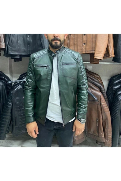 Yeşil Karartmalı Hakiki Deri Spor Mont Ceket Slim Fit ürün görseli 1