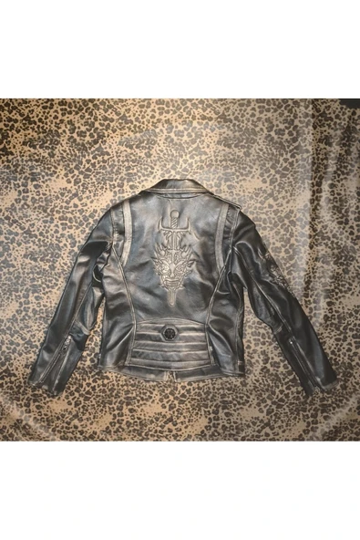 Hakiki deri Kadın ceket slim-fit biker şeytan figürlü mont ürün görseli 1