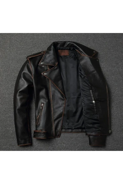 Eskitme Biker mont Hakiki deri - Resim 5