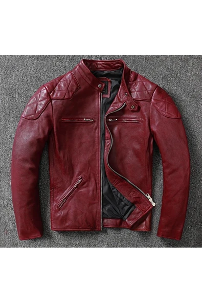 Vintage motosiklet şarap kırmızı renk hakiki deri mont ürün görseli 1